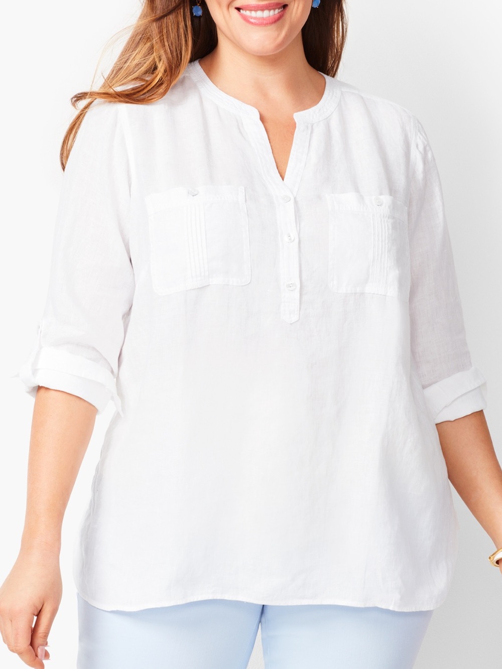 TALBOTS tab sleeve white popover (feels like linen) 2X / 26” chest / 29” long